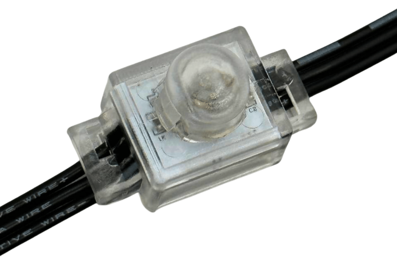 Attached image file Close-up of a transparent waterproof LED module with two black wires connected on either side, showing internal components and a dome-shaped lens on top.