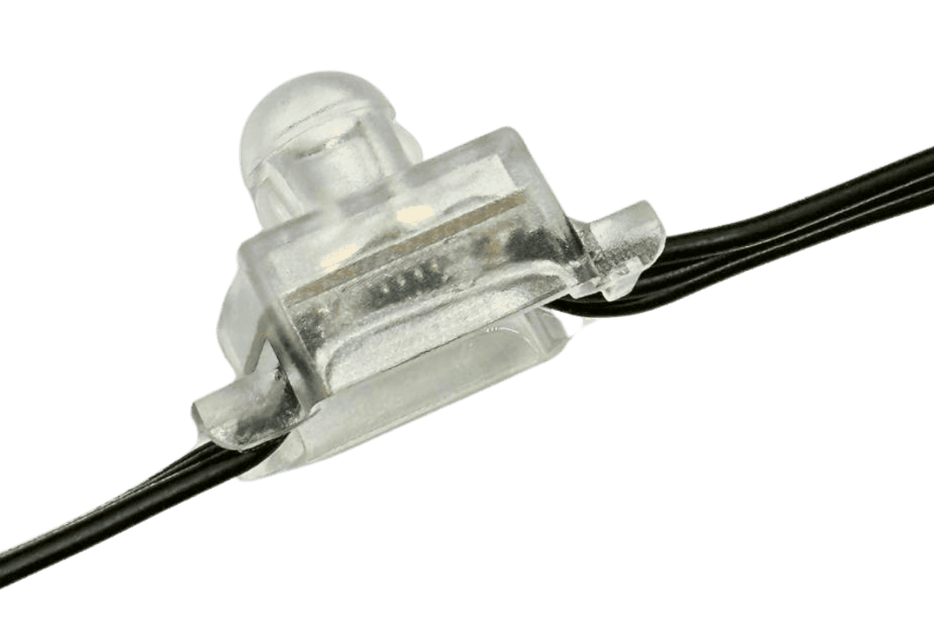 Attached image file Close-up of a transparent plastic wire connector joining two black electrical wires, shown against a white background.