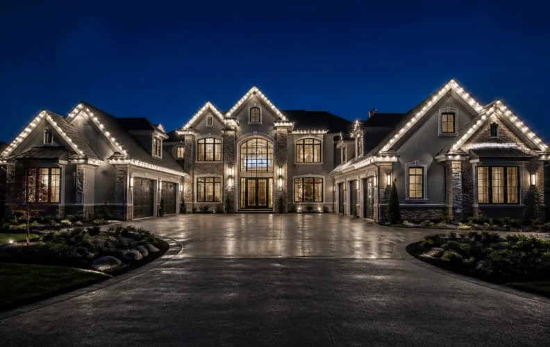 ECj5ZKkMUdB A large, elegant house at night with peaked roofs, stone accents, and bright white lights outlining the roof. The driveway is wide and shiny, reflecting the house’s lights. Manicured bushes and grass surround the home.