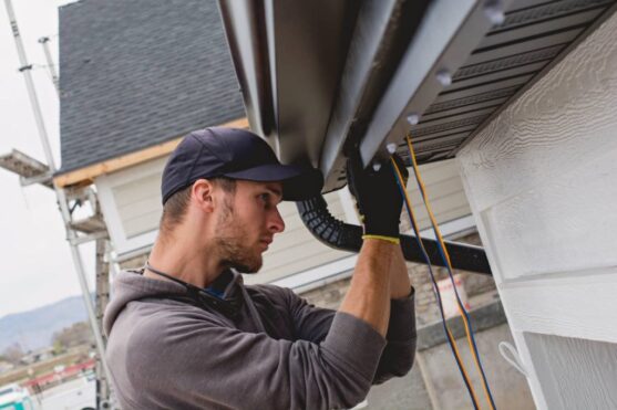 Attached image file A man wearing a cap and gloves installs or repairs a rain gutter on the side of a house, using tools and cords, with a focus on the roofline and exterior siding.